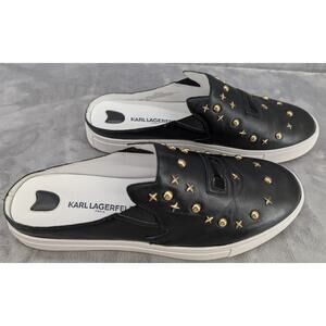 Karl Lagerfeld Paris Eisley Black w/ gold studs, backless slip-on sneakers